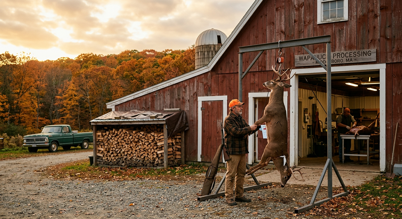 New England barn-style processing facility in late afternoon harvest light with deer on processing rack