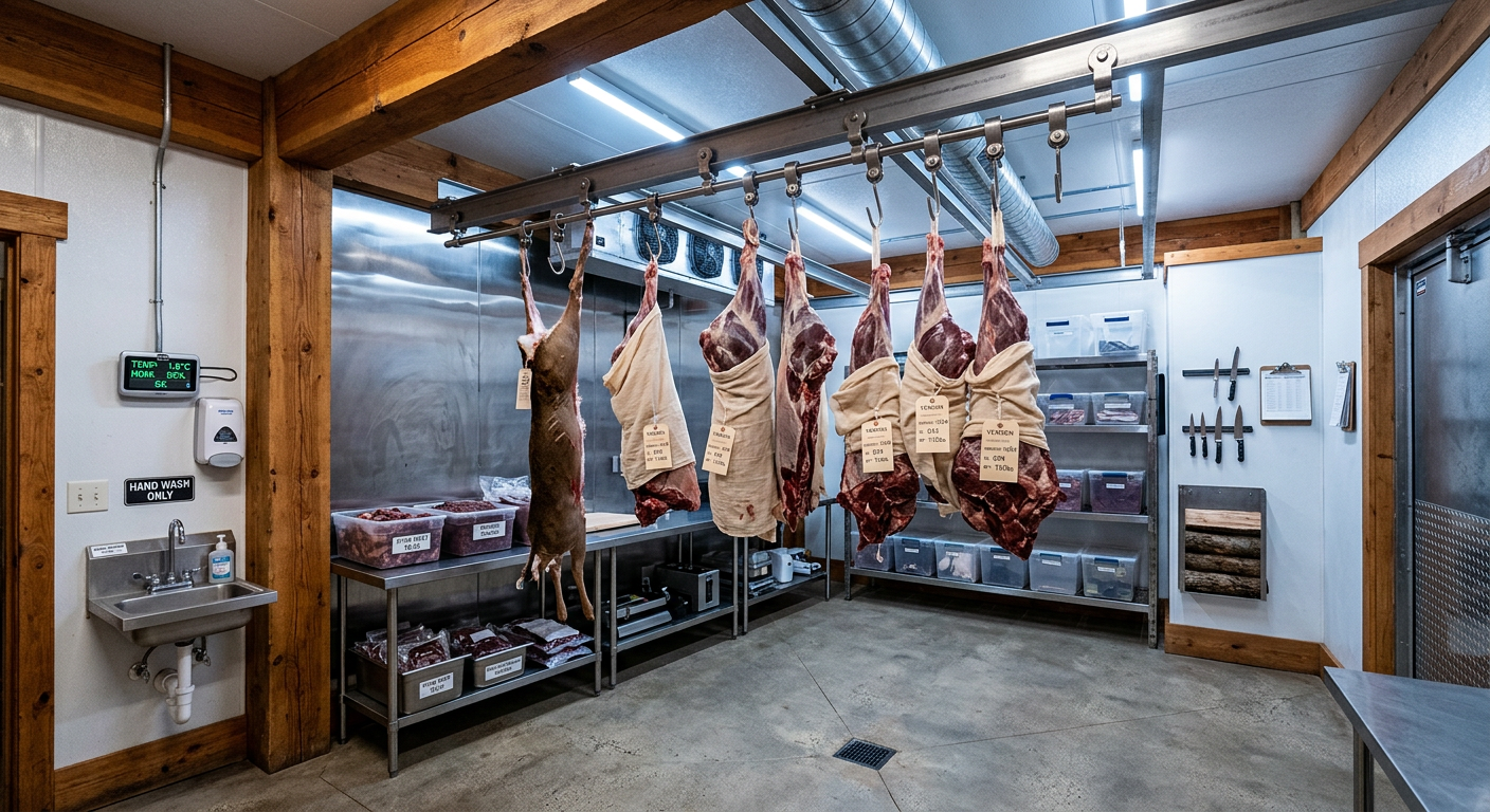 Walk-in cooler interior with hanging game meat, clean and organized