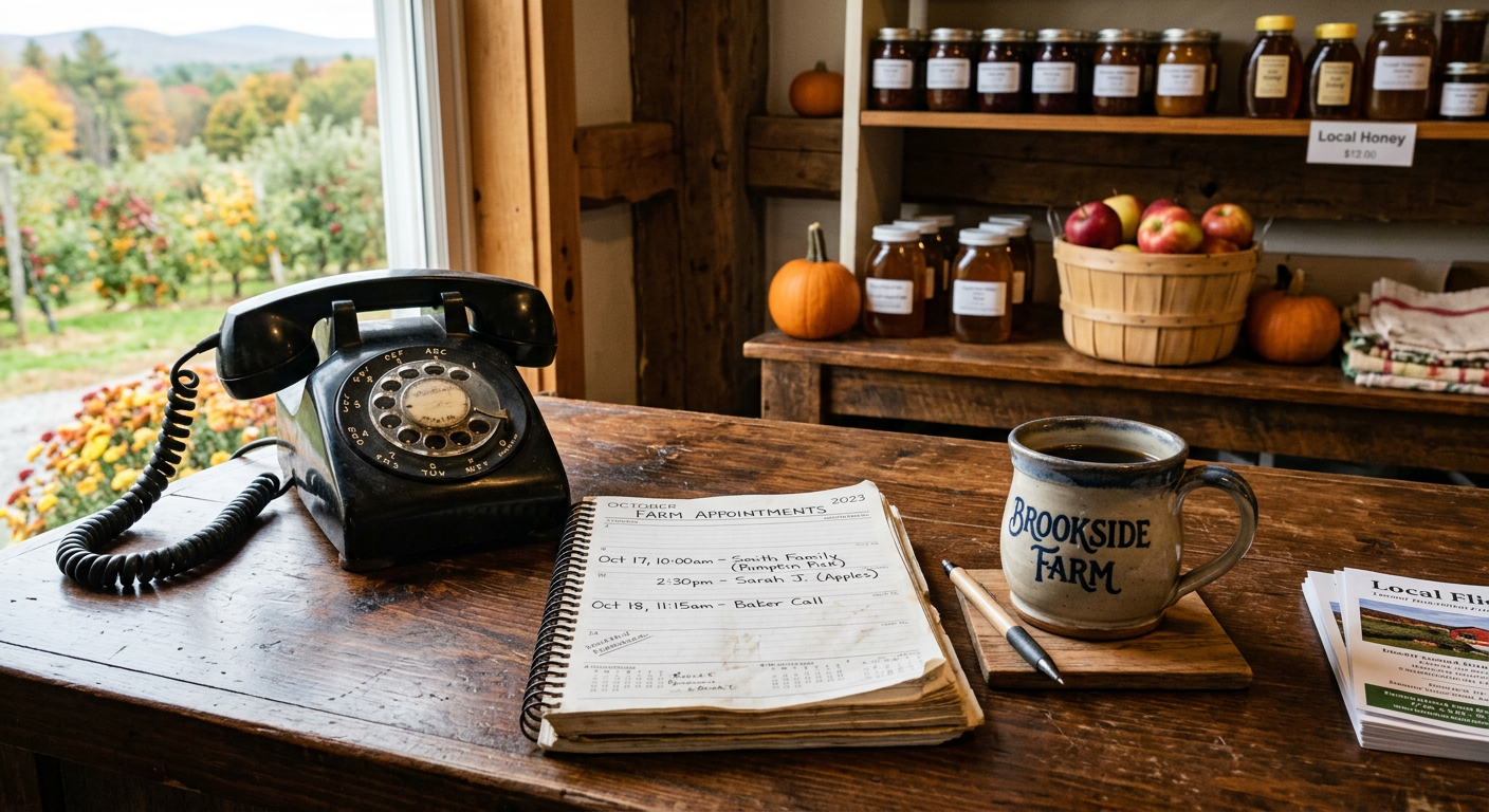 Farm counter with vintage phone and appointment calendar, warm wood tones